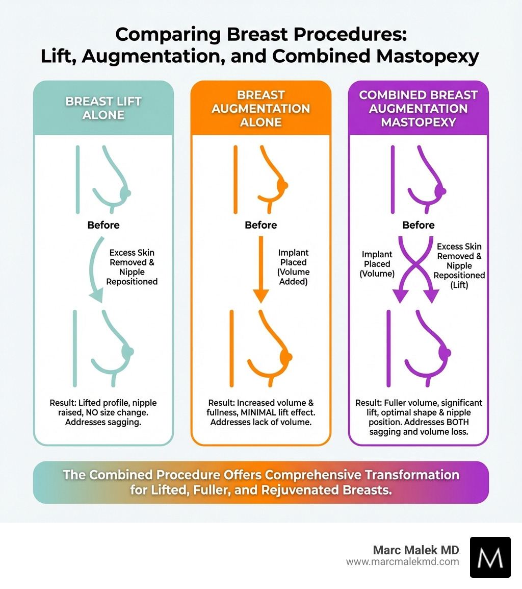 Infographic comparing three procedures: Breast Lift Alone showing removal of excess skin and nipple repositioning without size change; Breast Augmentation Alone showing implant placement with minimal lift effect; and Combined Breast Augmentation Mastopexy showing both implant placement and skin removal for lifted, fuller breasts with optimal nipple positioning - breast augmentation mastopexy infographic Infographic comparing three procedures: Breast Lift Alone showing removal of excess skin and nipple repositioning without size change; Breast Augmentation Alone showing implant placement with minimal lift effect; and Combined Breast Augmentation Mastopexy showing both implant placement and skin removal for lifted, fuller breasts with optimal nipple positioning - breast augmentation mastopexy infographic