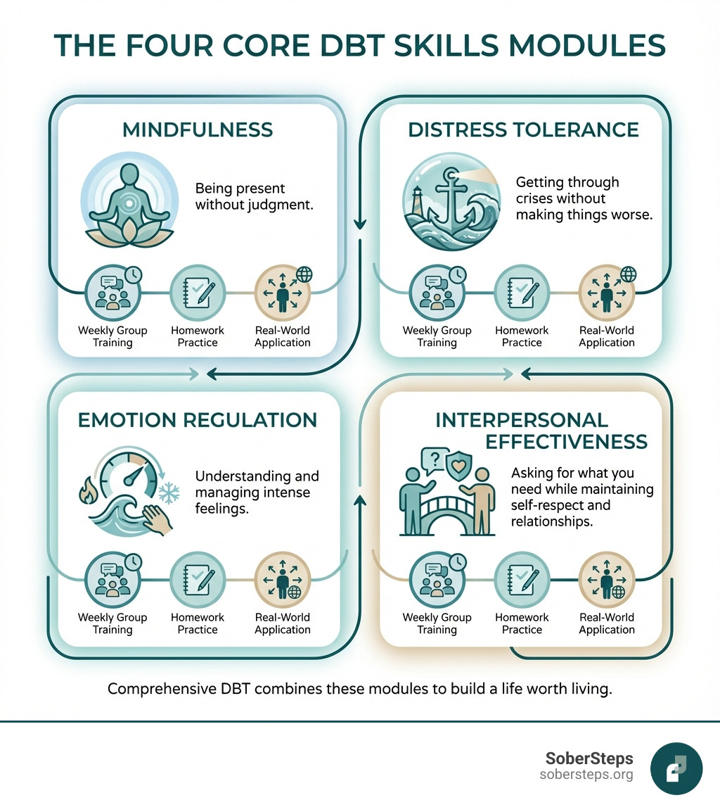 Infographic showing the four core DBT skills modules: Mindfulness (being present without judgment), Distress Tolerance (getting through crises without making things worse), Emotion Regulation (understanding and managing intense feelings), and Interpersonal Effectiveness (asking for what you need while maintaining self-respect and relationships). Each module includes weekly group training, homework practice, and real-world application. - Dialectical Behavior Therapy (DBT) infographic Infographic showing the four core DBT skills modules: Mindfulness (being present without judgment), Distress Tolerance (getting through crises without making things worse), Emotion Regulation (understanding and managing intense feelings), and Interpersonal Effectiveness (asking for what you need while maintaining self-respect and relationships). Each module includes weekly group training, homework practice, and real-world application. - Dialectical Behavior Therapy (DBT) infographic