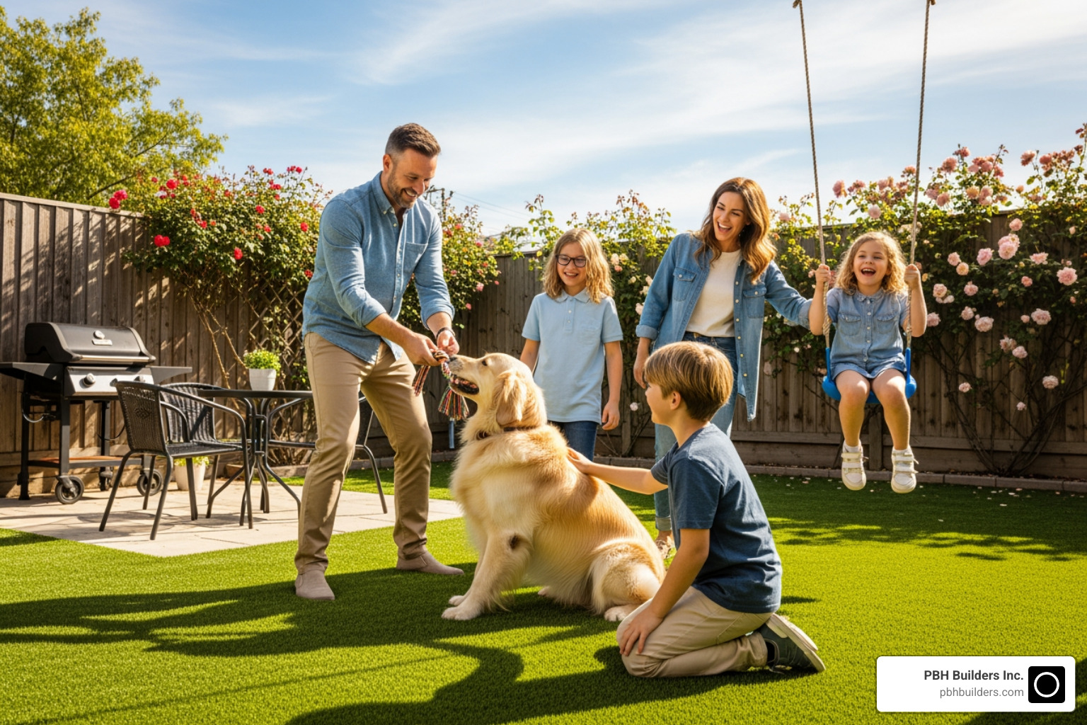 a family with a dog playing on a clean, safe artificial turf lawn - artificial turf installation Encinitas
