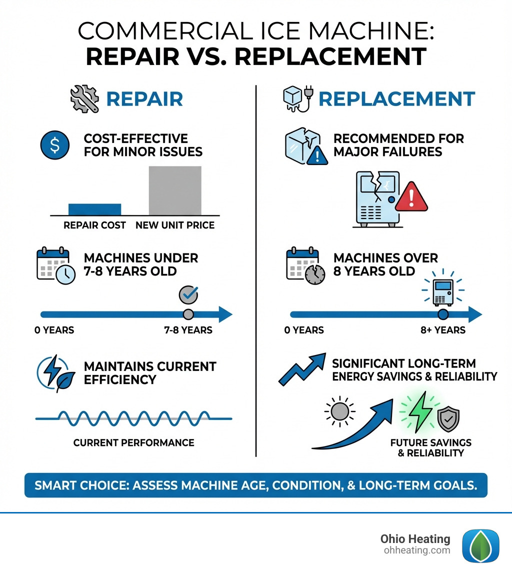 Infographic comparing Repair vs. Replacement of commercial ice machines based on cost, machine age, and long-term efficiency. Repair is cost-effective for minor issues, for machines under 7-8 years old, and maintains current efficiency. Replacement is recommended for major failures, machines over 8 years old, or to gain significant long-term energy savings and reliability. - commercial ice maker repair near me infographic Infographic comparing Repair vs. Replacement of commercial ice machines based on cost, machine age, and long-term efficiency. Repair is cost-effective for minor issues, for machines under 7-8 years old, and maintains current efficiency. Replacement is recommended for major failures, machines over 8 years old, or to gain significant long-term energy savings and reliability. - commercial ice maker repair near me infographic