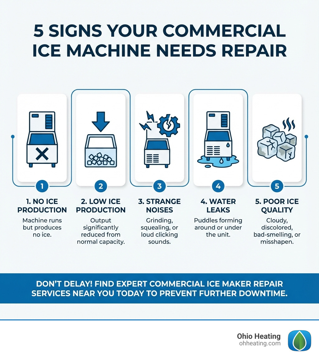 Infographic showing the 5 most common signs your commercial ice machine needs repair: 1. No Ice Production - Machine runs but produces no ice, 2. Low Ice Production - Output significantly reduced from normal capacity, 3. Strange Noises - Grinding, squealing, or loud clicking sounds, 4. Water Leaks - Puddles forming around or under the unit, 5. Poor Ice Quality - Cloudy, discolored, bad-smelling, or misshapen ice cubes - commercial ice maker repair near me infographic Infographic showing the 5 most common signs your commercial ice machine needs repair: 1. No Ice Production - Machine runs but produces no ice, 2. Low Ice Production - Output significantly reduced from normal capacity, 3. Strange Noises - Grinding, squealing, or loud clicking sounds, 4. Water Leaks - Puddles forming around or under the unit, 5. Poor Ice Quality - Cloudy, discolored, bad-smelling, or misshapen ice cubes - commercial ice maker repair near me infographic