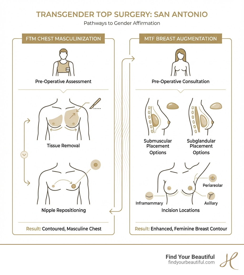 infographic showing FTM chest masculinization process including tissue removal and nipple repositioning, and MTF breast augmentation process including implant placement options and incision locations - transgender top surgery san antonio infographic 