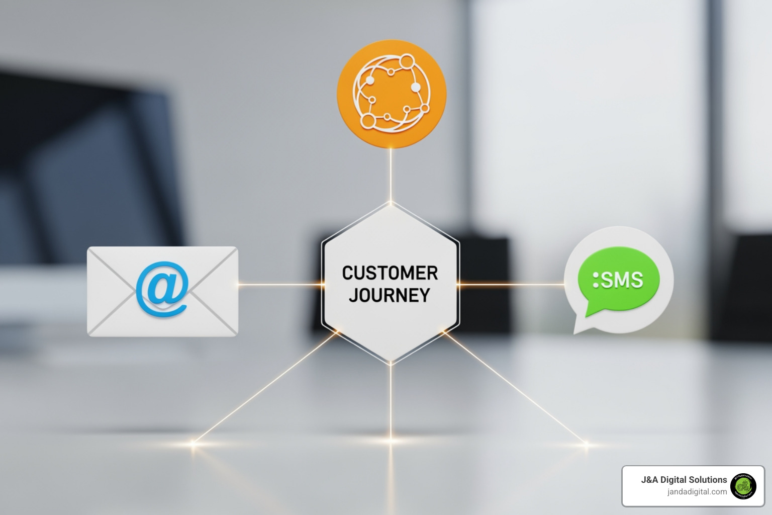 multi-channel marketing approach with icons for email, social media, and SMS - best type of cyber monday sales marketing strategy