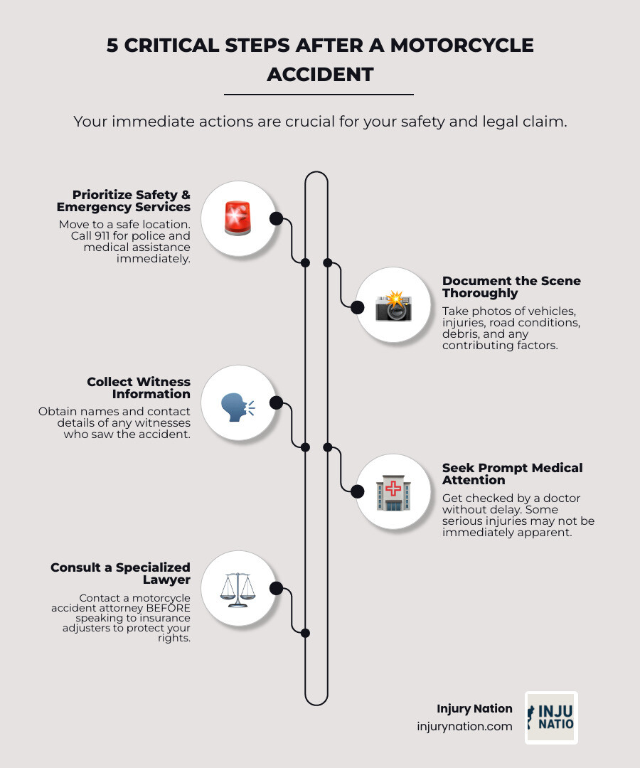 Infographic showing the 5 critical steps after a motorcycle accident: 1) Move to safety and call 911 for police and medical help, 2) Document everything with photos of the scene, vehicles, injuries, and road conditions, 3) Gather witness names and contact information, 4) Seek immediate medical attention even if you feel okay, 5) Contact a specialized motorcycle accident lawyer before speaking to insurance adjusters - motorcycle crash law firm infographic infographic-line-5-steps-elegant_beige