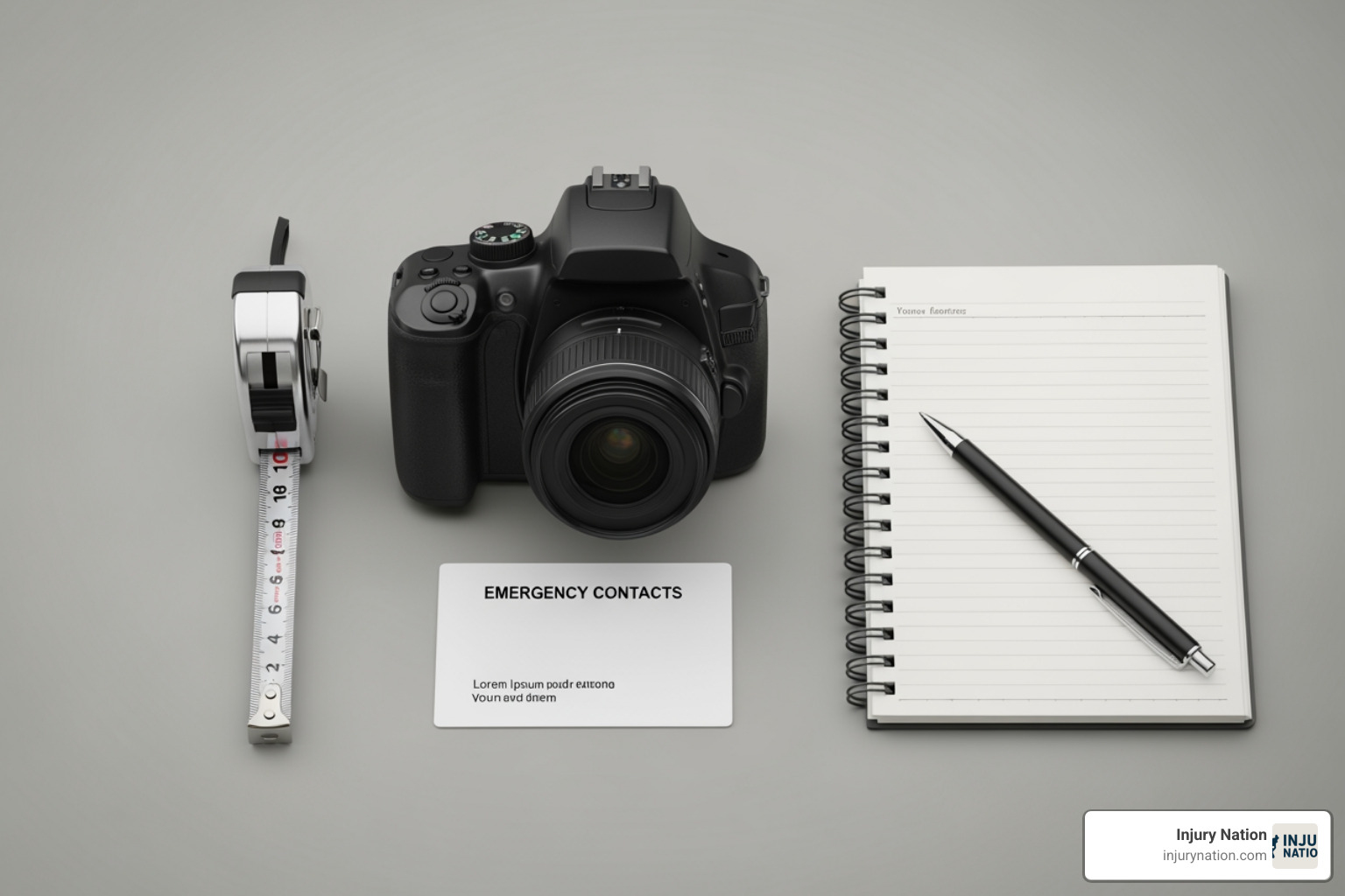 Image of an accident scene kit checklist including items like a camera, pen, paper, and emergency contacts - motorcycle crash law firm