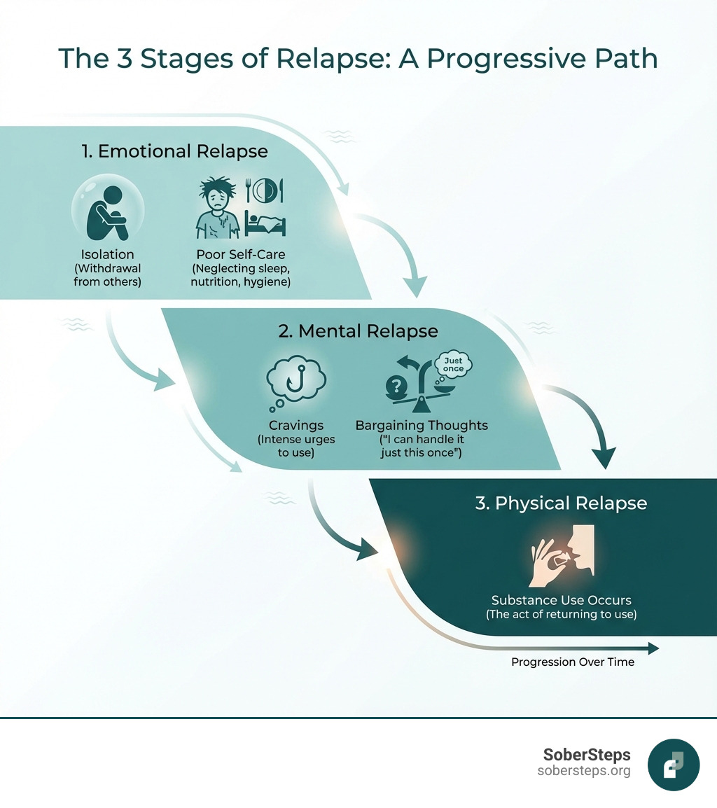 infographic showing three stages of relapse: emotional relapse with signs like isolation and poor self-care, mental relapse with cravings and bargaining thoughts, and physical relapse when substance use occurs - Relapse Prevention infographic infographic showing three stages of relapse: emotional relapse with signs like isolation and poor self-care, mental relapse with cravings and bargaining thoughts, and physical relapse when substance use occurs - Relapse Prevention infographic