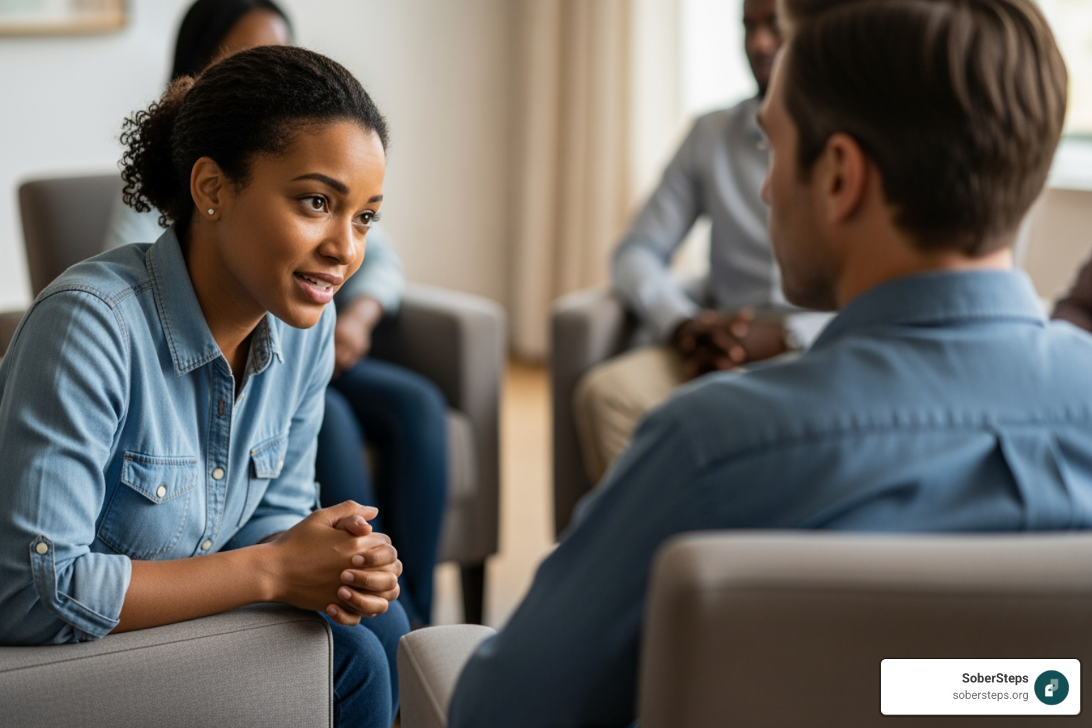 two people talking in group therapy - Group Therapy two people talking in group therapy - Group Therapy