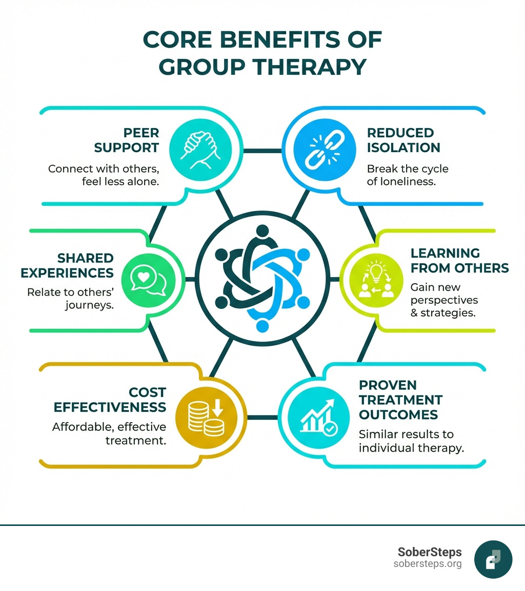 infographic showing core benefits of group therapy including peer support, reduced isolation, shared experiences, learning from others, cost effectiveness, and proven treatment outcomes - Group Therapy infographic infographic showing core benefits of group therapy including peer support, reduced isolation, shared experiences, learning from others, cost effectiveness, and proven treatment outcomes - Group Therapy infographic