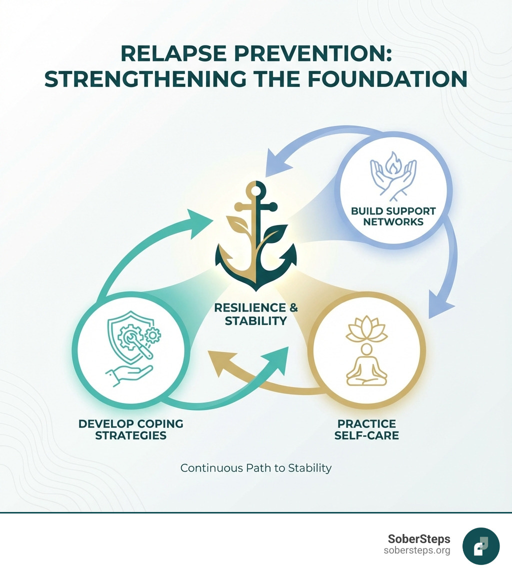 toolkit with items labeled 'Coping Skills', 'Support', 'Self-Care' - Relapse Prevention toolkit with items labeled 'Coping Skills', 'Support', 'Self-Care' - Relapse Prevention