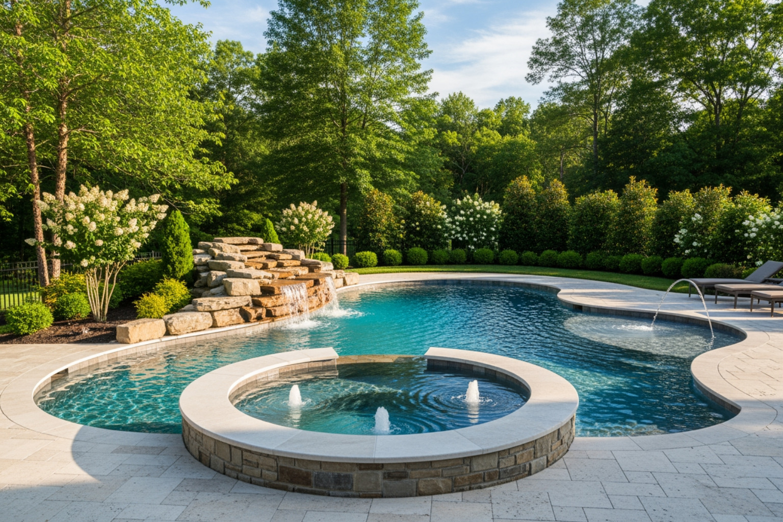 modern custom gunite pool with a waterfall and integrated spa in a landscaped Houston yard. - Houston pool contractor reviews modern custom gunite pool with a waterfall and integrated spa in a landscaped Houston yard. - Houston pool contractor reviews