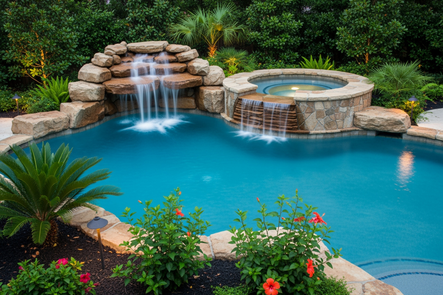 stunning pool with a rock waterfall and integrated spa in a lush Houston backyard - inground pool cost calculator stunning pool with a rock waterfall and integrated spa in a lush Houston backyard - inground pool cost calculator
