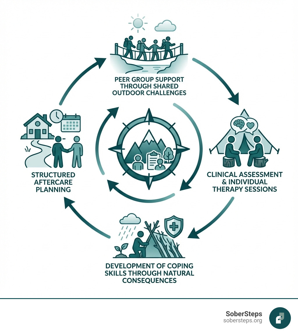 infographic showing wilderness therapy components: remote wilderness setting with licensed therapist supervision, peer group support through shared outdoor challenges, clinical assessment and individual therapy sessions, development of coping skills through natural consequences, and structured aftercare planning - Wilderness Therapy infographic 