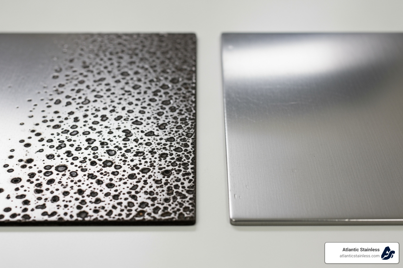 Image showing a comparison of pitting on 316L vs 2205 plates after a salt spray test, with the 2205 plate showing significantly fewer and smaller pits - duplex 2205 plate Image showing a comparison of pitting on 316L vs 2205 plates after a salt spray test, with the 2205 plate showing significantly fewer and smaller pits - duplex 2205 plate