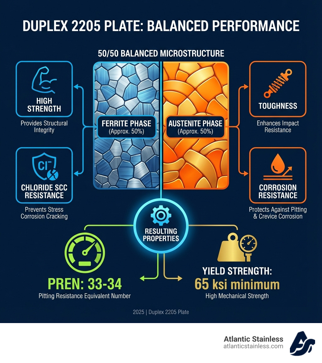 Infographic showing the balanced 50/50 austenitic-ferritic microstructure of Duplex 2205, with callouts highlighting how the ferrite phase provides high strength and chloride SCC resistance while the austenite phase contributes toughness and corrosion resistance, resulting in a PREN of 33-34 and yield strength of 65 ksi minimum - duplex 2205 plate infographic Infographic showing the balanced 50/50 austenitic-ferritic microstructure of Duplex 2205, with callouts highlighting how the ferrite phase provides high strength and chloride SCC resistance while the austenite phase contributes toughness and corrosion resistance, resulting in a PREN of 33-34 and yield strength of 65 ksi minimum - duplex 2205 plate infographic