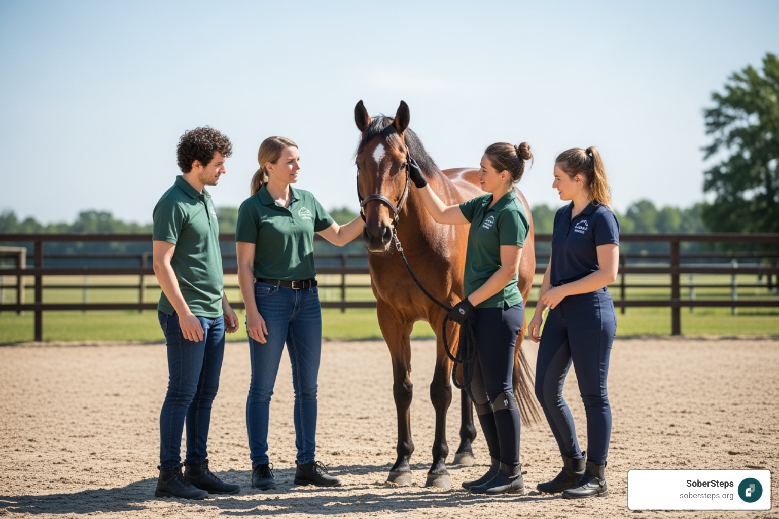 A therapy team (therapist, equine specialist, client) interacting with a horse in an arena - Equine Therapy A therapy team (therapist, equine specialist, client) interacting with a horse in an arena - Equine Therapy