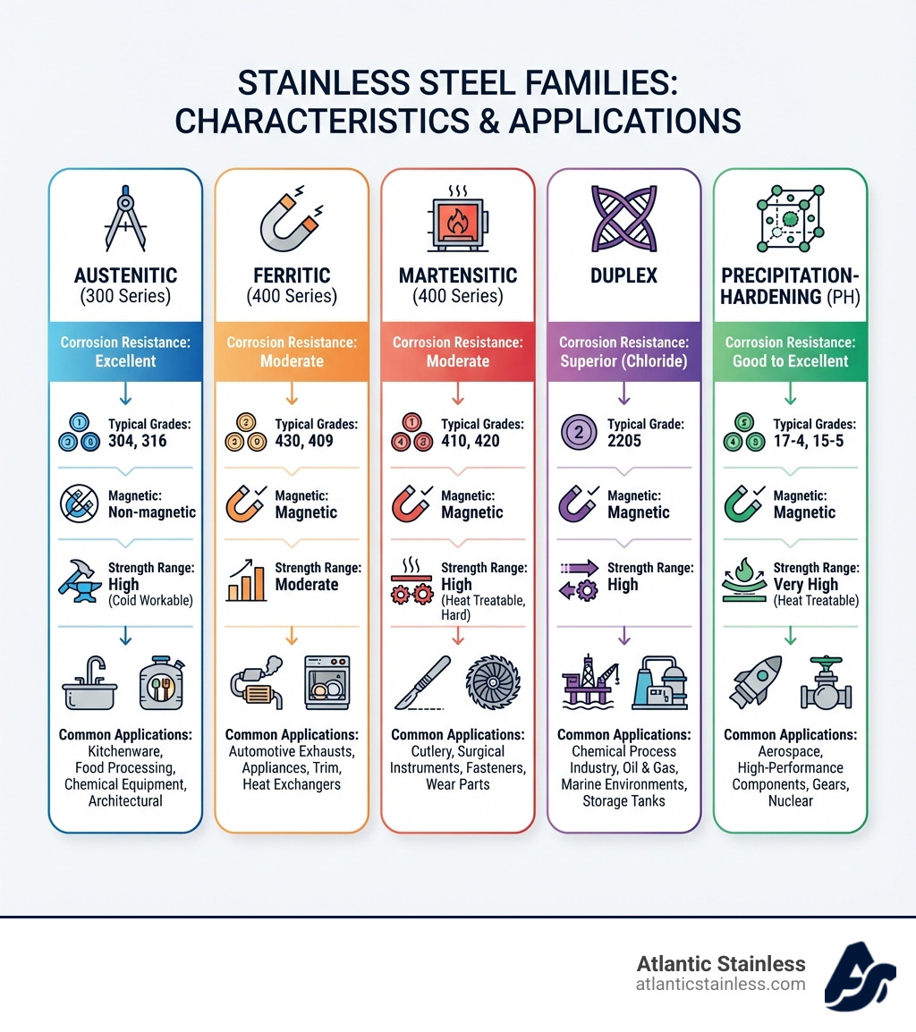 infographic showing the five main families of stainless steel with their key characteristics including typical grades, magnetic properties, corrosion resistance levels, strength ranges, and common applications for each family - Understanding stainless steel grades infographic infographic showing the five main families of stainless steel with their key characteristics including typical grades, magnetic properties, corrosion resistance levels, strength ranges, and common applications for each family - Understanding stainless steel grades infographic