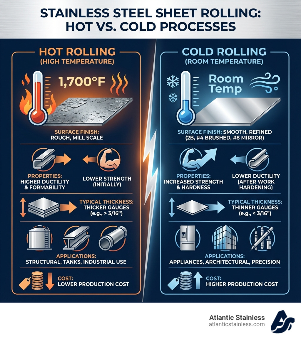 Infographic comparing hot rolling and cold rolling processes for stainless steel sheets, showing temperature differences, resulting surface finishes, mechanical properties like strength and ductility, typical thickness ranges, common applications, and cost considerations for each manufacturing method - rolled stainless steel sheet infographic Infographic comparing hot rolling and cold rolling processes for stainless steel sheets, showing temperature differences, resulting surface finishes, mechanical properties like strength and ductility, typical thickness ranges, common applications, and cost considerations for each manufacturing method - rolled stainless steel sheet infographic