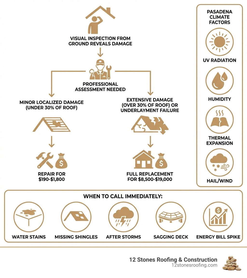 Infographic showing the roof repair decision process: Visual inspection from ground reveals damage → Professional assessment needed → Minor localized damage (under 30% of roof) → Repair for $190-$1,800 → Extensive damage (over 30% of roof) or underlayment failure → Full replacement for $8,500-$19,000. Side panel shows Pasadena climate factors: UV radiation, humidity, thermal expansion, hail/wind. Bottom section lists when to call immediately: water stains, missing shingles, after storms, sagging deck, energy bill spike. - roof repair pasadena tx infographic 