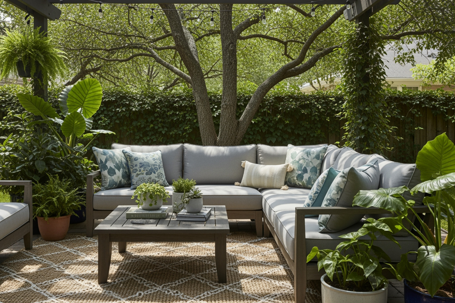 Cozy, shaded seating area in a Houston backyard with a plush sectional sofa, soft cushions, and an outdoor rug - living room outdoor design Cozy, shaded seating area in a Houston backyard with a plush sectional sofa, soft cushions, and an outdoor rug - living room outdoor design