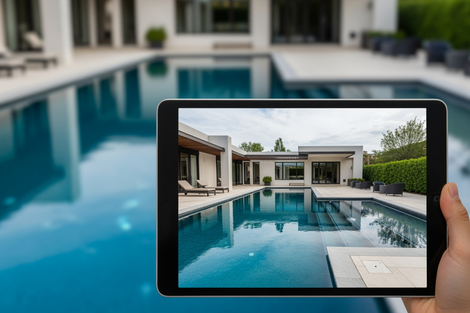 detailed 3D design rendering on a tablet, held up against the backdrop of the actual completed pool, showcasing the perfect execution of the plan. - Luxury custom pool builder detailed 3D design rendering on a tablet, held up against the backdrop of the actual completed pool, showcasing the perfect execution of the plan. - Luxury custom pool builder