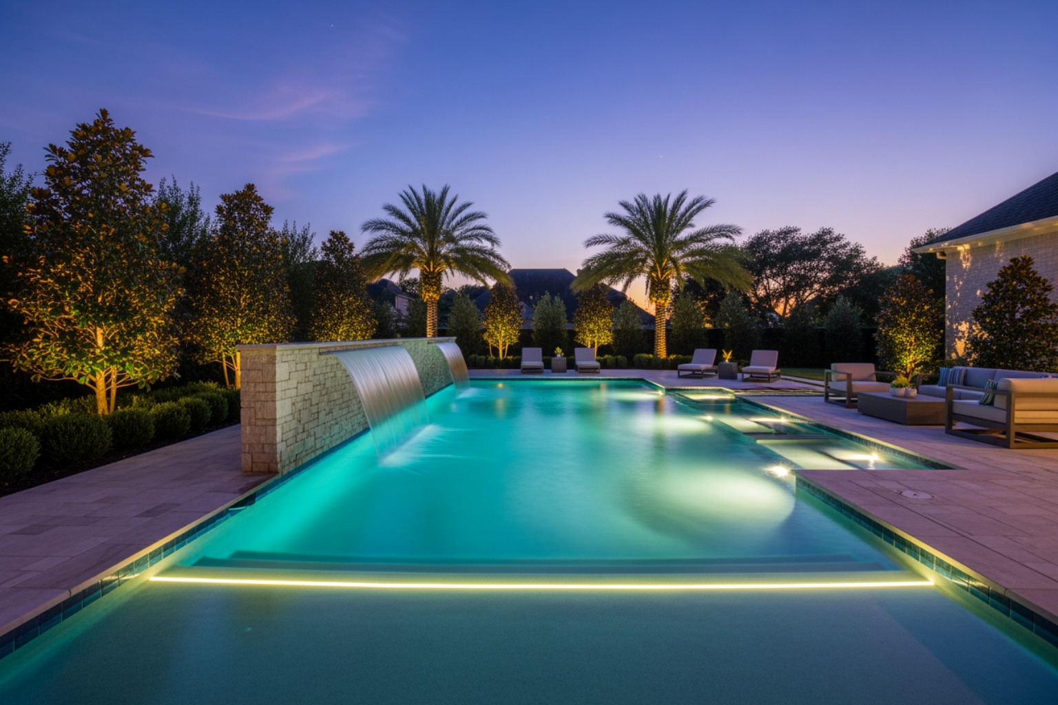 stunning geometric pool at dusk, with integrated LED lighting and a sheer descent water feature creating a tranquil ambiance in a spacious Houston backyard. - Luxury custom pool builder stunning geometric pool at dusk, with integrated LED lighting and a sheer descent water feature creating a tranquil ambiance in a spacious Houston backyard. - Luxury custom pool builder
