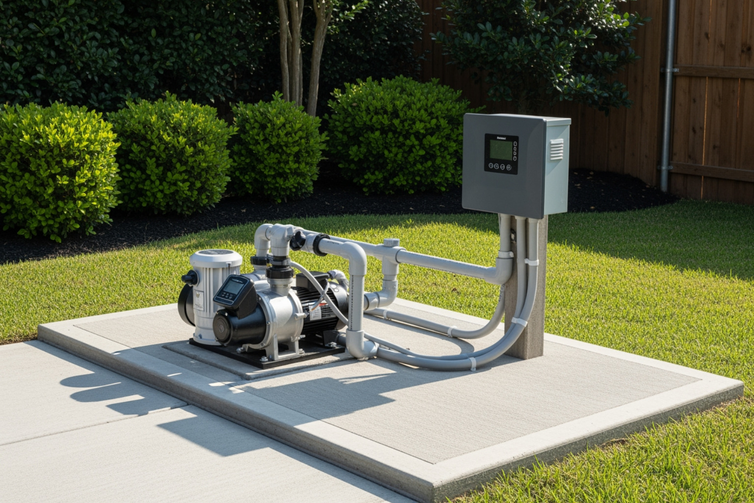 Clean, organized pool equipment pad featuring a variable-speed pump and automation system in a residential Houston backyard. - inground pool remodel Clean, organized pool equipment pad featuring a variable-speed pump and automation system in a residential Houston backyard. - inground pool remodel