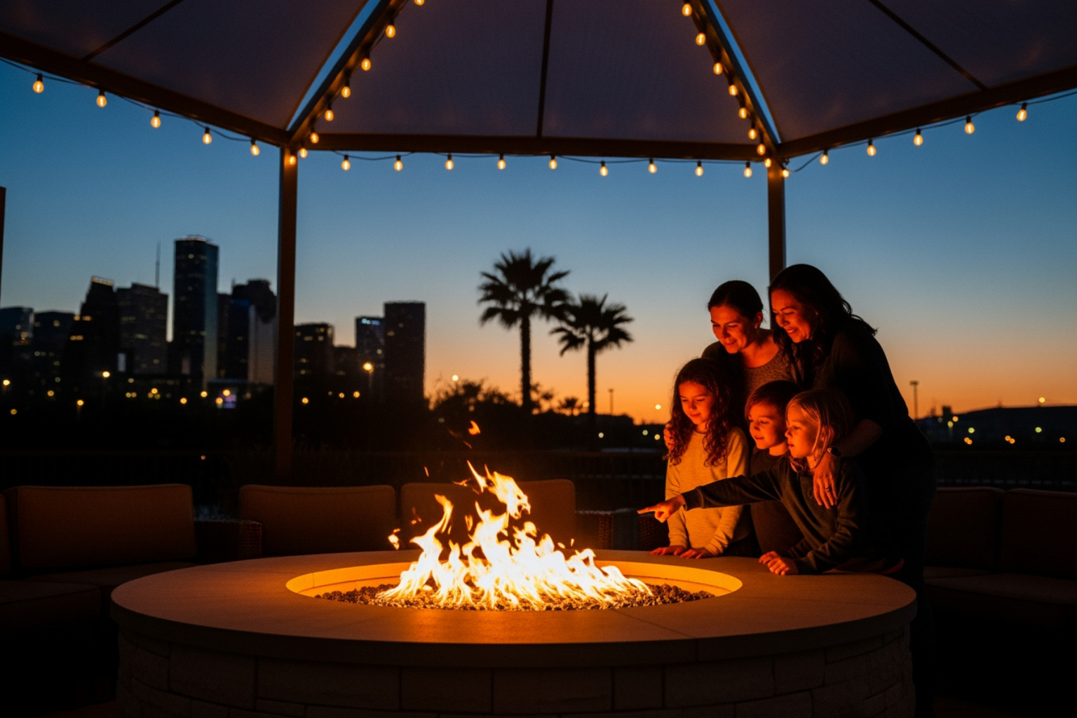 Houston family gathered around a modern stone fire pit at dusk, with ambient string lights overhead - living room outdoor design Houston family gathered around a modern stone fire pit at dusk, with ambient string lights overhead - living room outdoor design