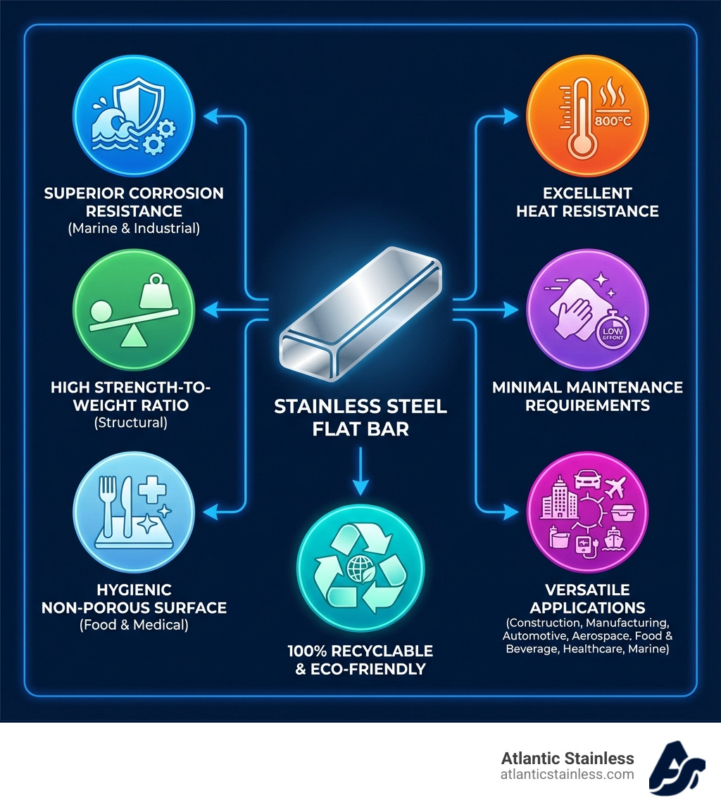infographic showing key benefits of stainless steel flat bar: superior corrosion resistance for marine and industrial settings, high strength-to-weight ratio for structural applications, hygienic non-porous surface ideal for food and medical use, 100% recyclable and environmentally friendly, excellent heat resistance up to high temperatures, minimal maintenance requirements, and versatile applications across construction manufacturing automotive aerospace food beverage healthcare and marine industries - buy stainless steel flat bar infographic infographic showing key benefits of stainless steel flat bar: superior corrosion resistance for marine and industrial settings, high strength-to-weight ratio for structural applications, hygienic non-porous surface ideal for food and medical use, 100% recyclable and environmentally friendly, excellent heat resistance up to high temperatures, minimal maintenance requirements, and versatile applications across construction manufacturing automotive aerospace food beverage healthcare and marine industries - buy stainless steel flat bar infographic