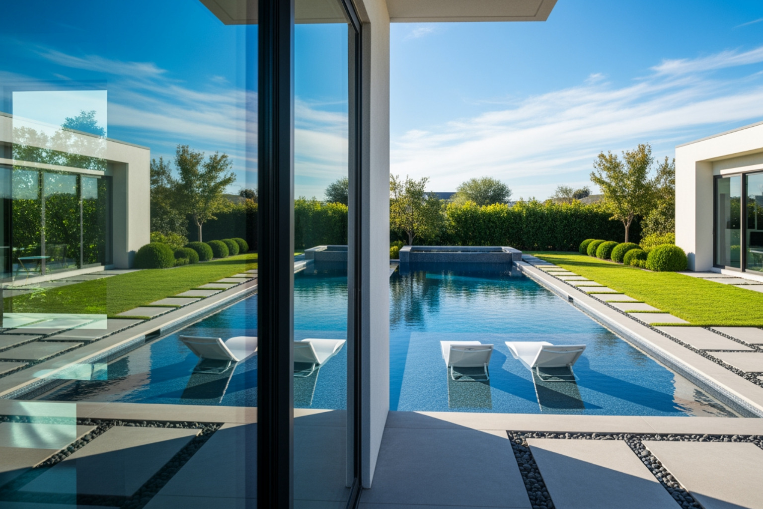 modern geometric pool with a large sun shelf and clean, neat landscaping, reflecting in the glass of a home's patio door. - best inground pool installers near me modern geometric pool with a large sun shelf and clean, neat landscaping, reflecting in the glass of a home's patio door. - best inground pool installers near me