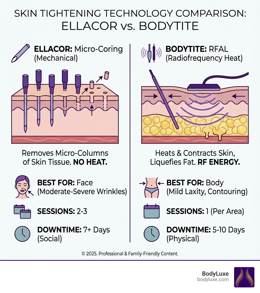 infographic showing Ellacor removing micro-columns of skin tissue with hollow needles versus BodyTite using internal and external radiofrequency probes to heat and contract skin while liquefying fat - ellacor vs bodytite infographic 