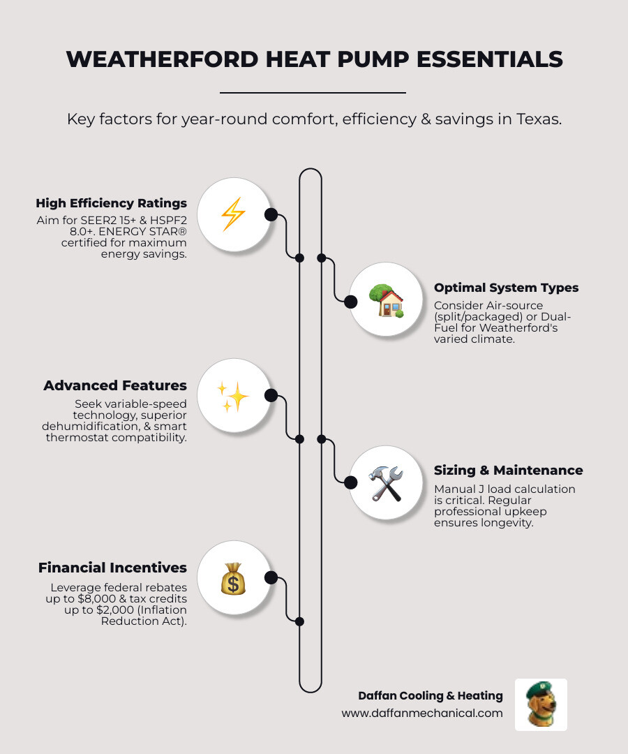 infographic showing heat pump efficiency ratings, system types including air-source split and packaged units, dual-fuel configurations, key features like variable-speed compressors and smart controls, maintenance requirements, and available federal rebates for Weatherford Texas homeowners - best heat pump systems in weatherford, tx infographic infographic-line-5-steps-elegant_beige infographic showing heat pump efficiency ratings, system types including air-source split and packaged units, dual-fuel configurations, key features like variable-speed compressors and smart controls, maintenance requirements, and available federal rebates for Weatherford Texas homeowners - best heat pump systems in weatherford, tx infographic infographic-line-5-steps-elegant_beige