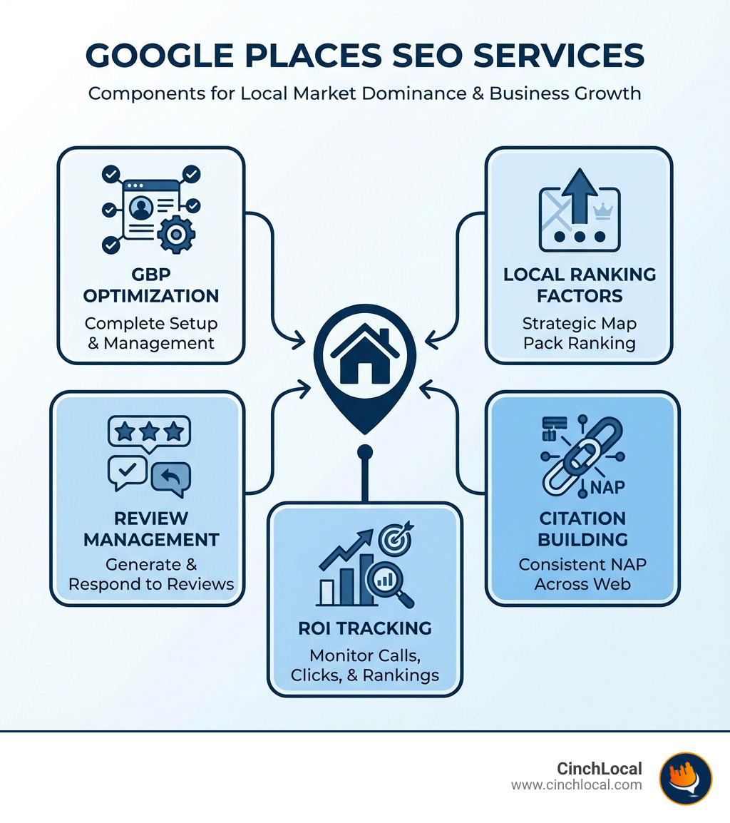 infographic showing google places seo services components including gbp optimization local ranking factors review management citation building and roi tracking - google places seo services infographic 