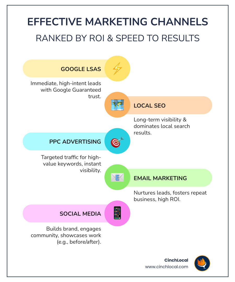 Infographic showing the most effective garage door marketing channels ranked by ROI and speed to results, including Google Local Services Ads at the top for immediate leads, followed by local SEO for long-term visibility, PPC for targeted traffic, email marketing for repeat business, and social media for brand building - garage door marketing ideas infographic infographic-line-5-steps-colors