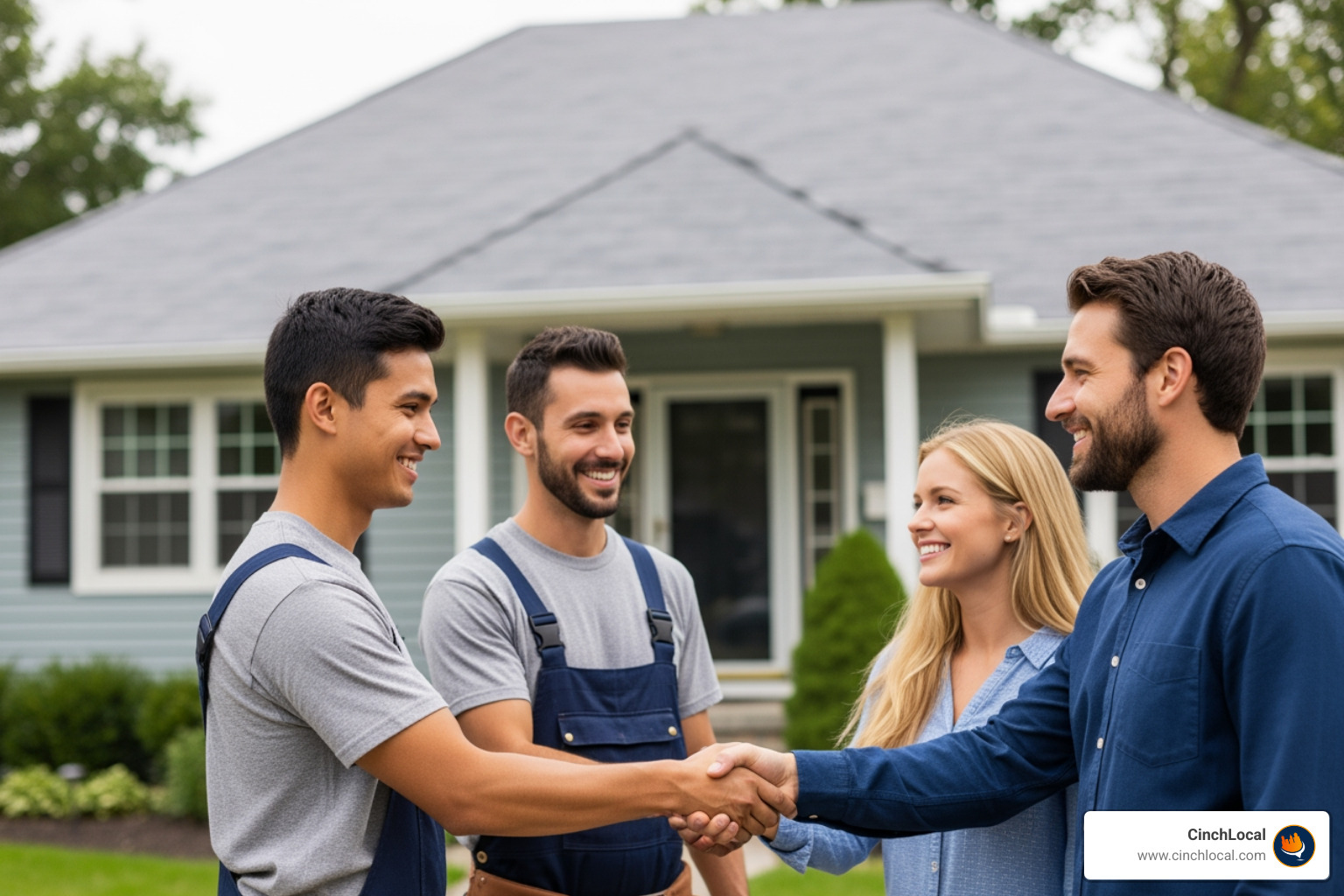 Roofing team shaking hands with homeowner after successful job - affordable local seo Roofing team shaking hands with homeowner after successful job - affordable local seo