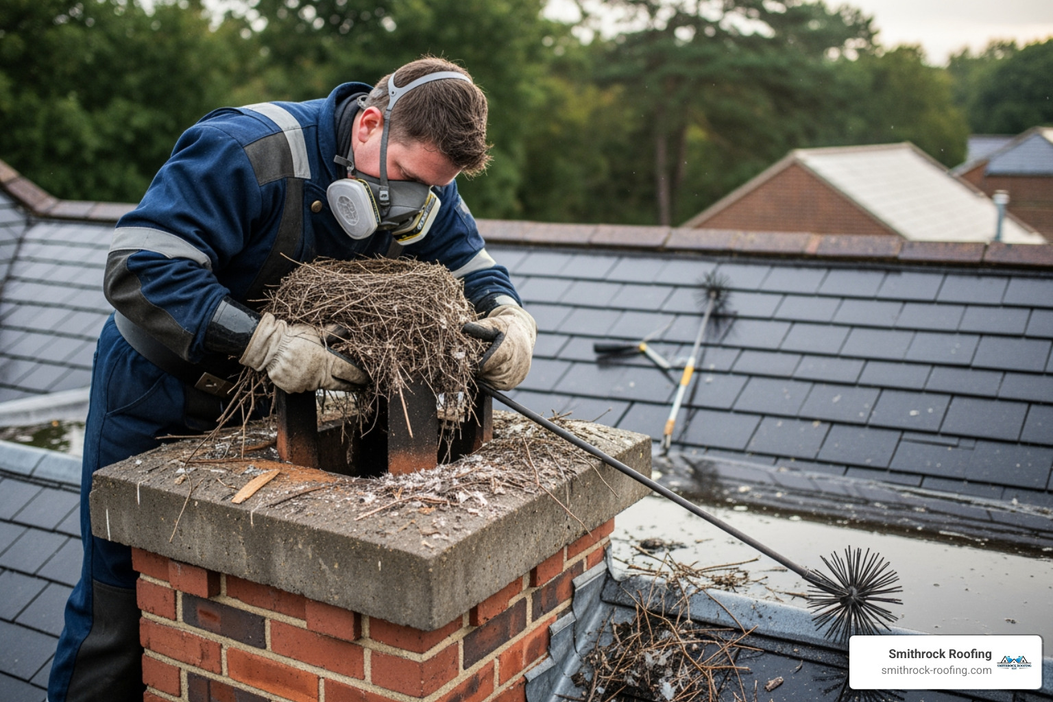 bird's nest being professionally removed from an uncapped chimney flue - chimney cap purpose