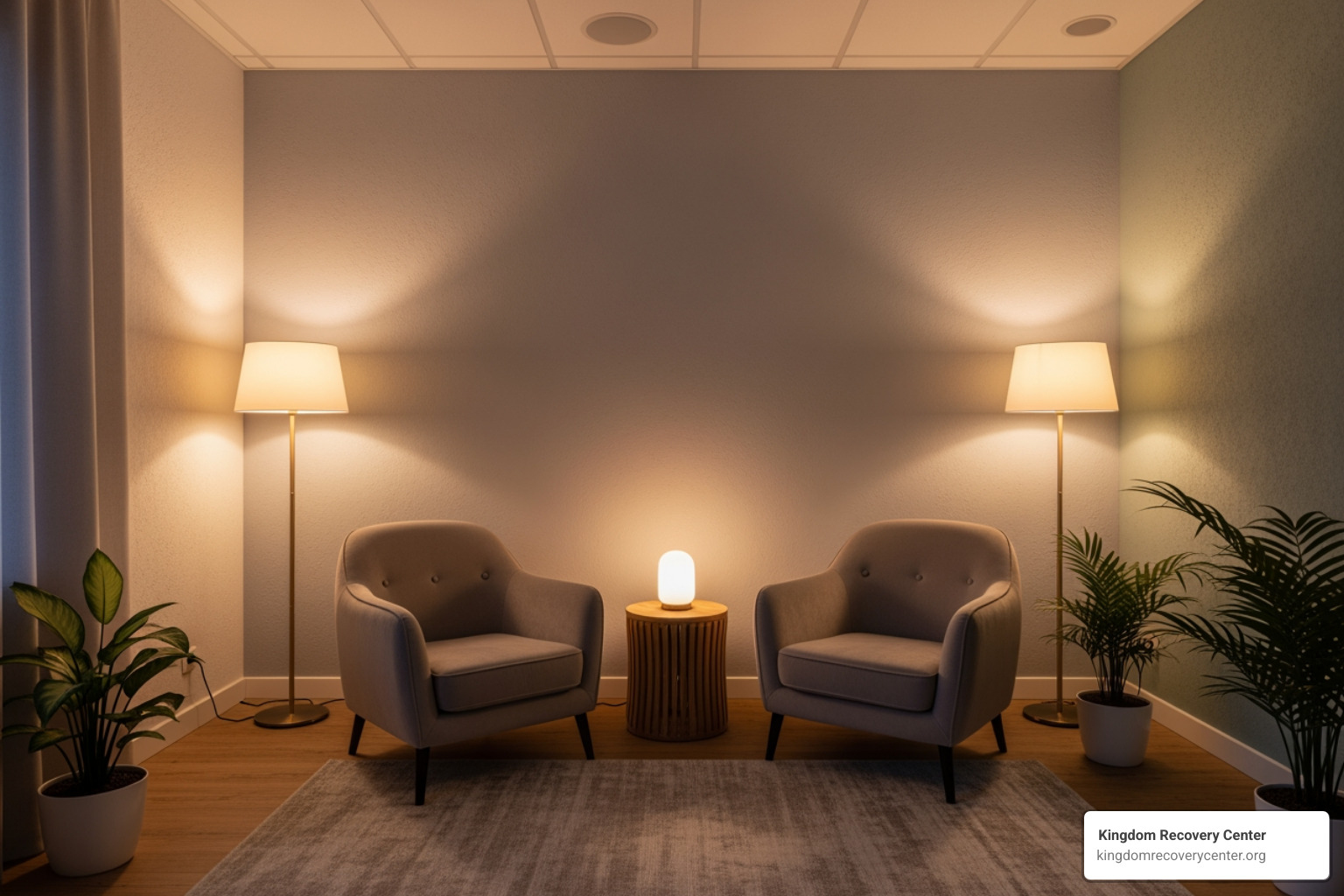 A comfortable and modern therapy room with two armchairs, a small table, and soft lighting, suggesting a safe and inviting space for discussion. - Mental Health Treatment in Tennessee