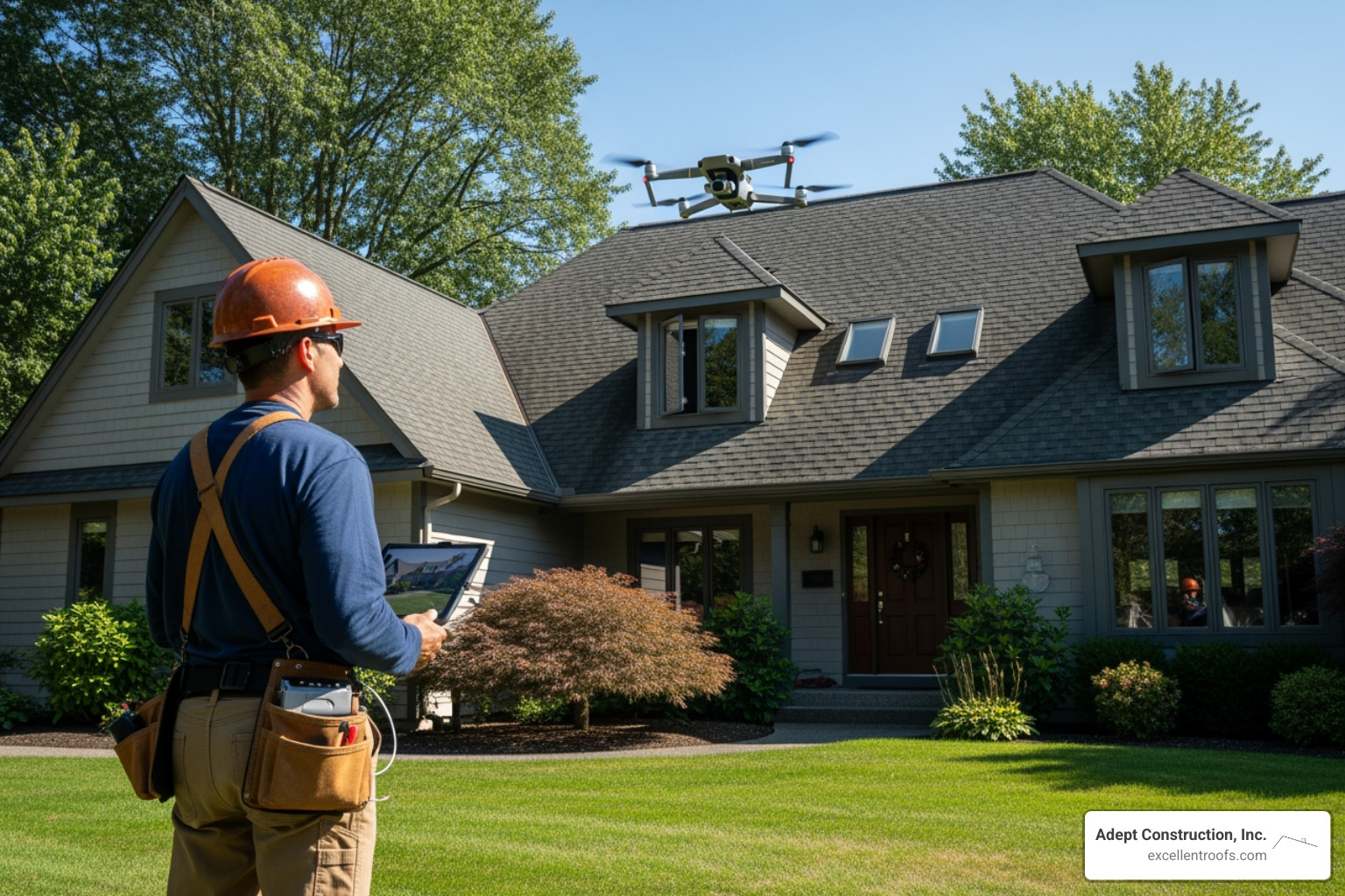 A professional roofer conducting a thorough roof inspection with a drone. - house roof repair A professional roofer conducting a thorough roof inspection with a drone. - house roof repair