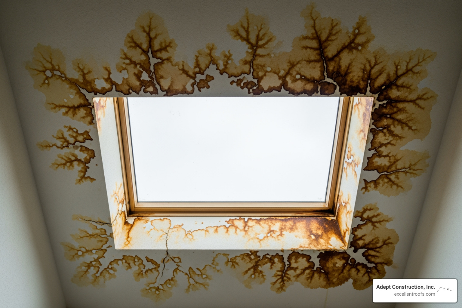 Water stains on a ceiling near a skylight indicating a roof leak. - house roof repair Water stains on a ceiling near a skylight indicating a roof leak. - house roof repair