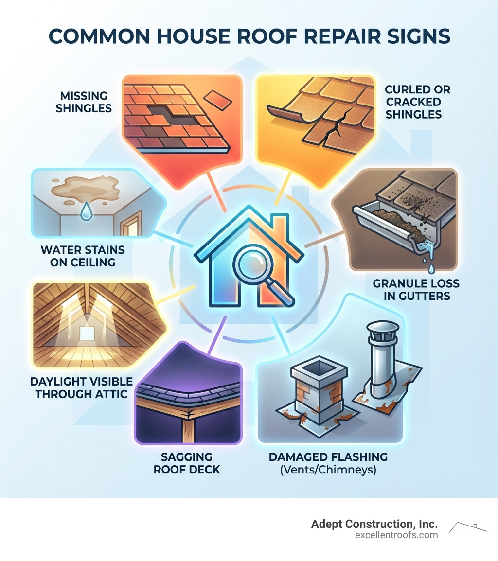 Common signs indicating house roof repair needs: missing shingles, water stains on ceiling, curled or cracked shingles, granule loss in gutters, sagging roof deck, damaged flashing around vents and chimneys, daylight visible through attic roof boards - house roof repair infographic Common signs indicating house roof repair needs: missing shingles, water stains on ceiling, curled or cracked shingles, granule loss in gutters, sagging roof deck, damaged flashing around vents and chimneys, daylight visible through attic roof boards - house roof repair infographic