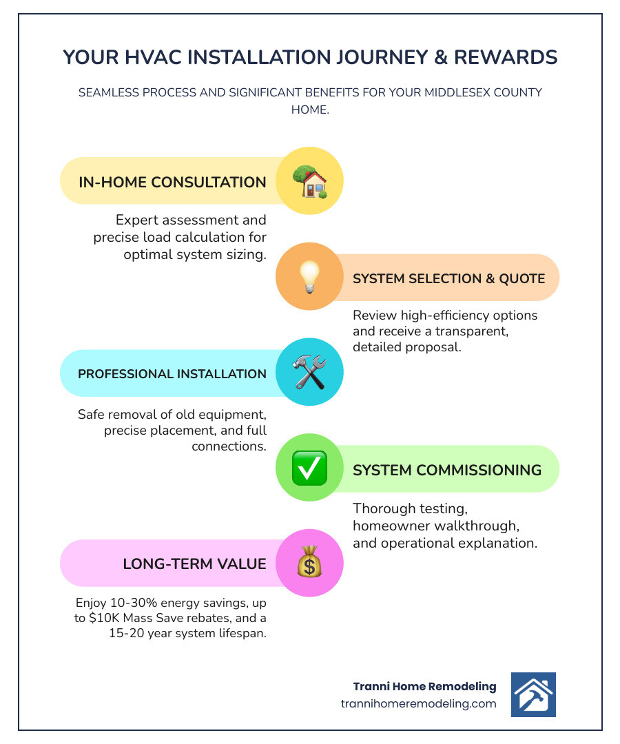 Infographic showing the timeline and key benefits of HVAC installation: Initial consultation and load calculation (Day 1), System selection and proposal review (Days 2-3), Professional installation with ductwork and electrical connections (Days 4-6), Final commissioning and homeowner walkthrough (Day 7), with callouts for energy savings of 10-30%, Mass Save rebates up to $10,000, and 15-20 year system lifespan - HVAC installation Middlesex County infographic infographic-line-5-steps-colors Infographic showing the timeline and key benefits of HVAC installation: Initial consultation and load calculation (Day 1), System selection and proposal review (Days 2-3), Professional installation with ductwork and electrical connections (Days 4-6), Final commissioning and homeowner walkthrough (Day 7), with callouts for energy savings of 10-30%, Mass Save rebates up to $10,000, and 15-20 year system lifespan - HVAC installation Middlesex County infographic infographic-line-5-steps-colors