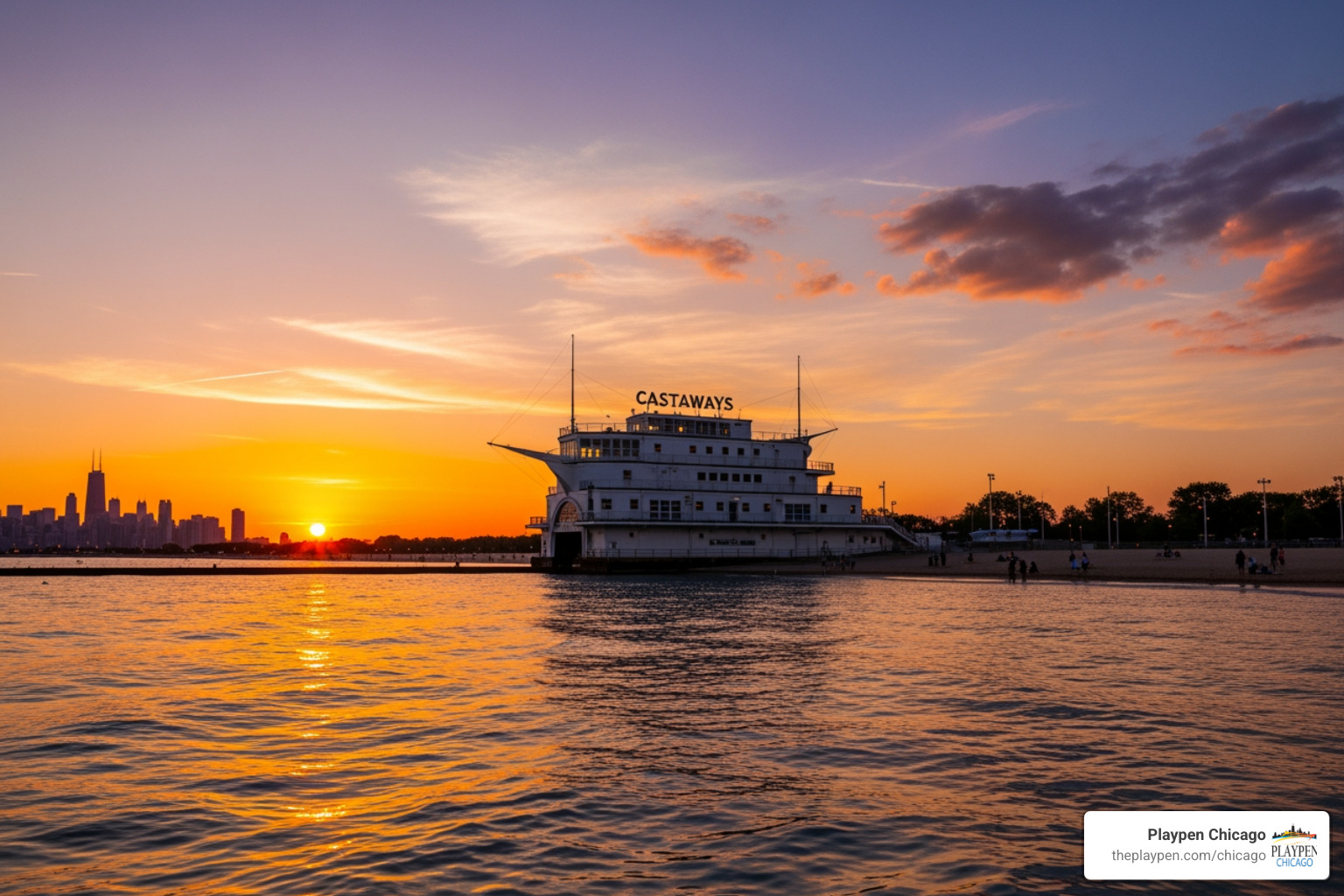 iconic Castaways boat house on North Avenue Beach at sunset - chicago waterfront nightlife