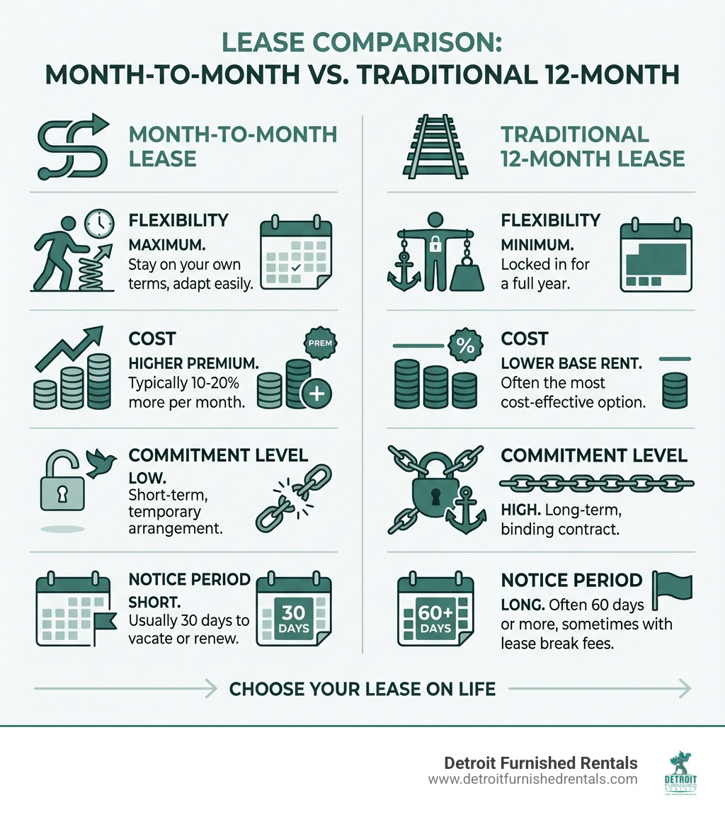 infographic comparing month-to-month lease benefits vs traditional 12-month lease showing flexibility, cost differences, commitment levels, and typical notice periods for each option - month to month lease apartments in detroit infographic 