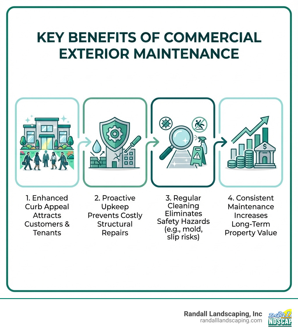 Infographic showing the key benefits of commercial exterior maintenance: Enhanced curb appeal attracts customers and tenants, proactive upkeep prevents costly structural repairs, regular cleaning eliminates safety hazards like mold and slip risks, and consistent maintenance increases long-term property value - commercial exterior maintenance infographic 