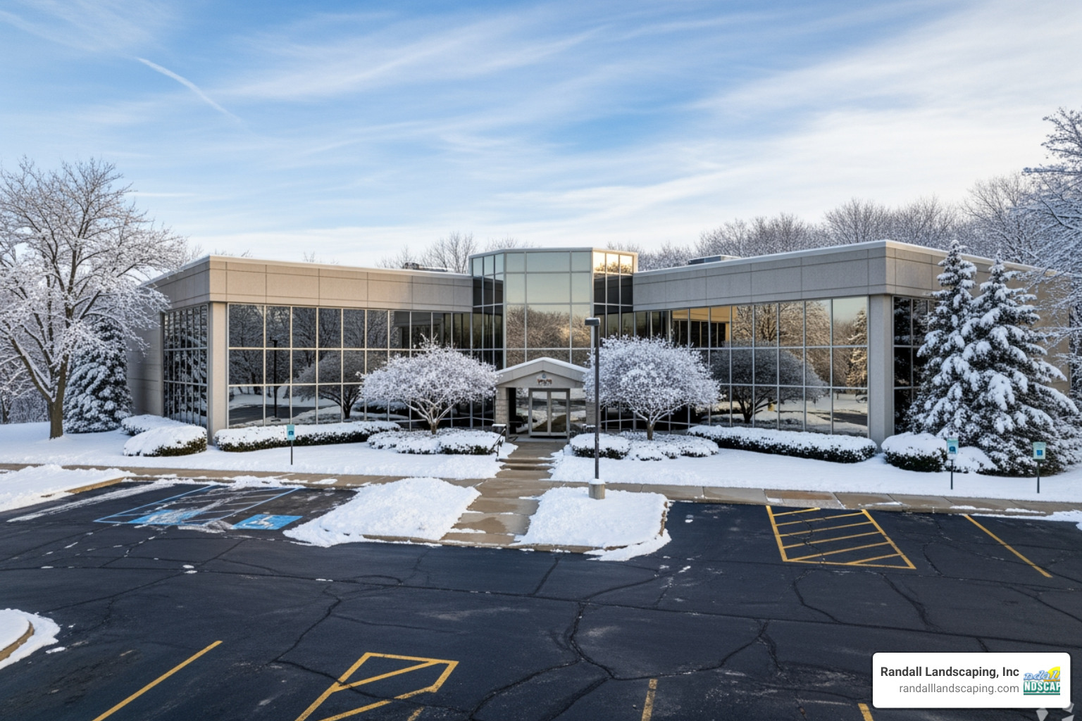 commercial property during winter with clear, snow-free walkways - commercial exterior maintenance