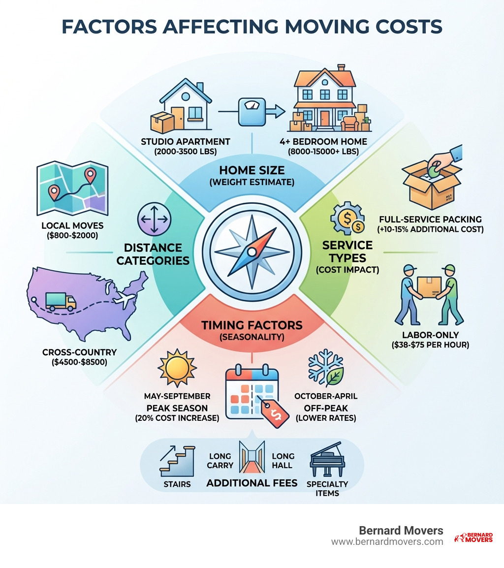 infographic showing factors affecting moving costs including home size ranging from studio apartments at 2000-3500 pounds to 4+ bedroom homes at 8000-15000+ pounds, distance categories from local moves at 800-2000 dollars to cross-country at 4500-8500 dollars, service types including full-service packing at 10-15 percent additional cost and labor-only at 38-75 dollars per hour, and timing factors showing peak season May-September with 20 percent cost increase versus off-peak October-April with lower rates, plus additional fees like stairs, long carry, and specialty items - moving calculator app infographic infographic showing factors affecting moving costs including home size ranging from studio apartments at 2000-3500 pounds to 4+ bedroom homes at 8000-15000+ pounds, distance categories from local moves at 800-2000 dollars to cross-country at 4500-8500 dollars, service types including full-service packing at 10-15 percent additional cost and labor-only at 38-75 dollars per hour, and timing factors showing peak season May-September with 20 percent cost increase versus off-peak October-April with lower rates, plus additional fees like stairs, long carry, and specialty items - moving calculator app infographic