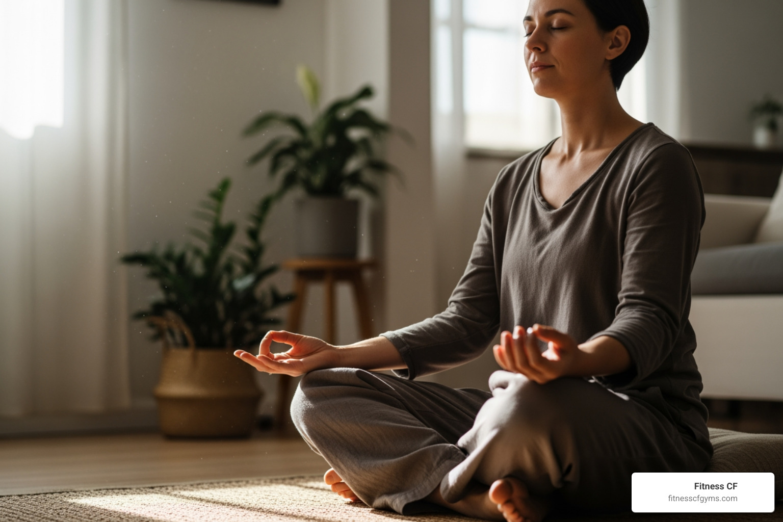 A person sitting cross-legged, eyes closed, with hands resting on knees, demonstrating a simple breathing exercise (pranayama) in a calm setting - Hatha yoga Orlando