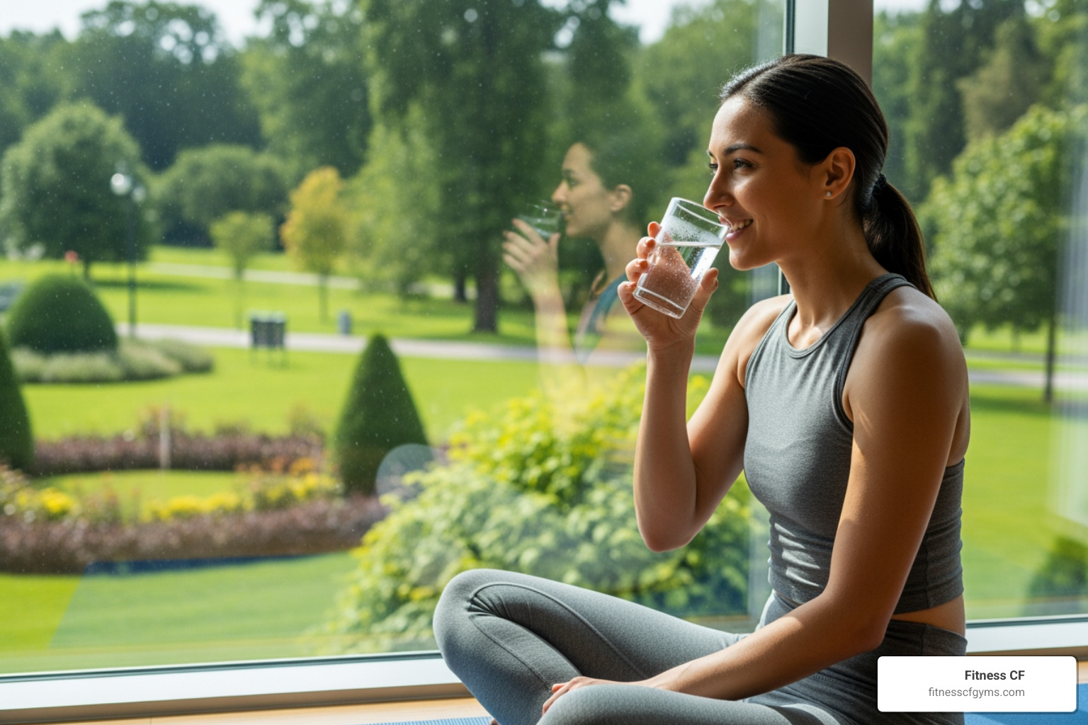 A person looking relaxed and happy after a yoga session, perhaps sipping water by a window overlooking a green space - Hatha yoga Orlando