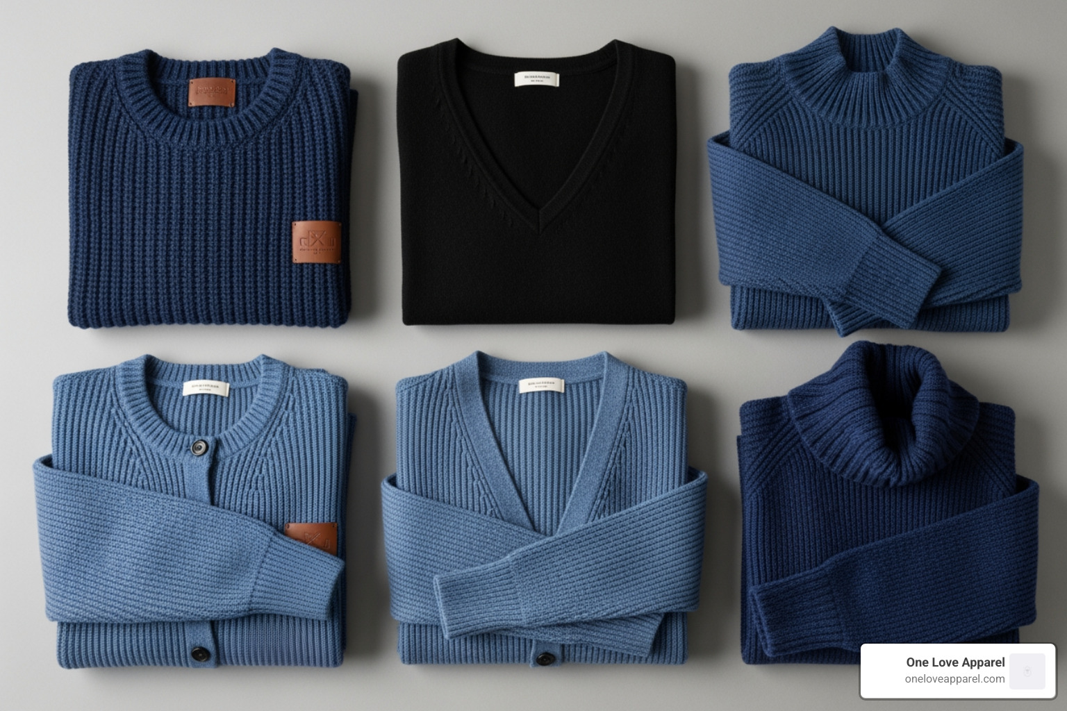 flat lay of different sweater styles - blue and black sweater