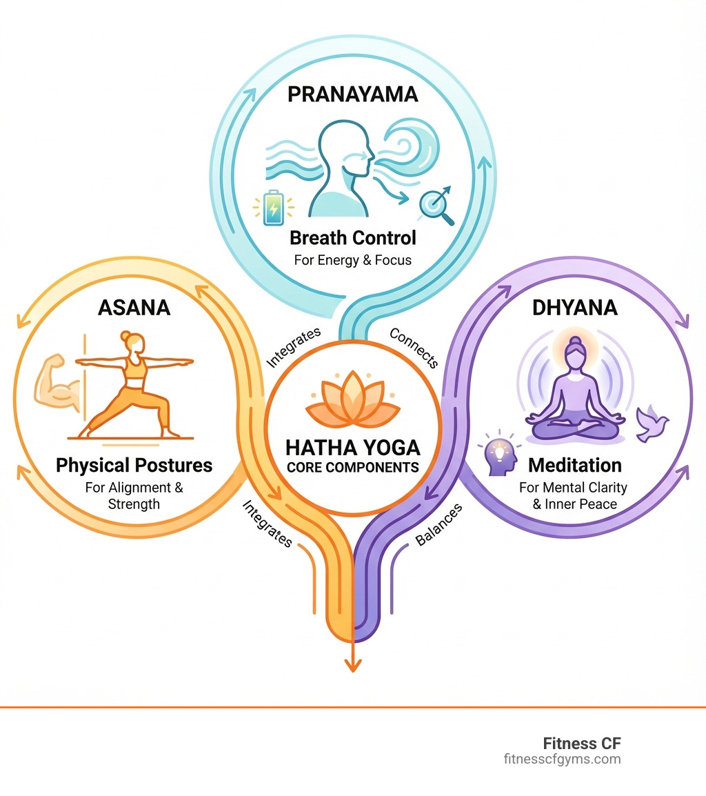 Infographic showing the three core components of Hatha Yoga: Asana (physical postures for alignment and strength), Pranayama (breath control for energy and focus), and Dhyana (meditation for mental clarity and inner peace) - Hatha yoga Orlando infographic 