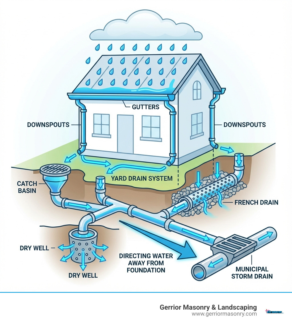 Infographic showing the complete journey of water management in a home: rainwater falling on a roof, flowing through gutters and downspouts, entering a yard drain system with catch basins and French drains, and being directed away from the foundation to either a dry well or municipal storm drain - domestic drainage system infographic Infographic showing the complete journey of water management in a home: rainwater falling on a roof, flowing through gutters and downspouts, entering a yard drain system with catch basins and French drains, and being directed away from the foundation to either a dry well or municipal storm drain - domestic drainage system infographic
